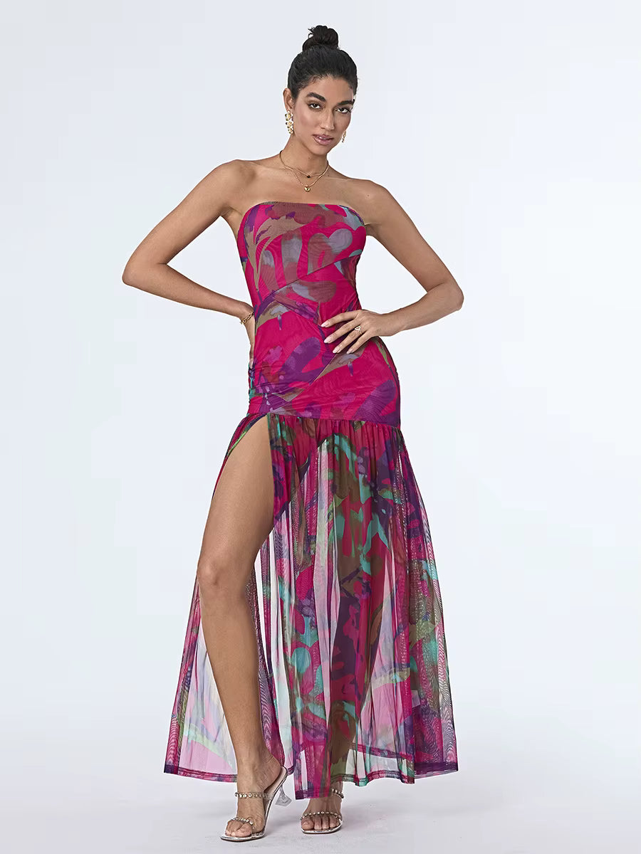 Elegant Floral Print Strapless Off-Shoulder Mesh Hem High Slit Dresses