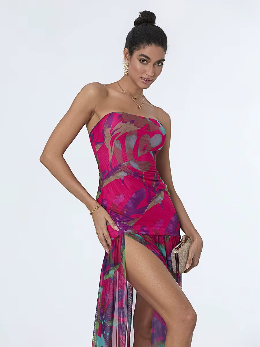 Elegant Floral Print Strapless Off-Shoulder Mesh Hem High Slit Dresses