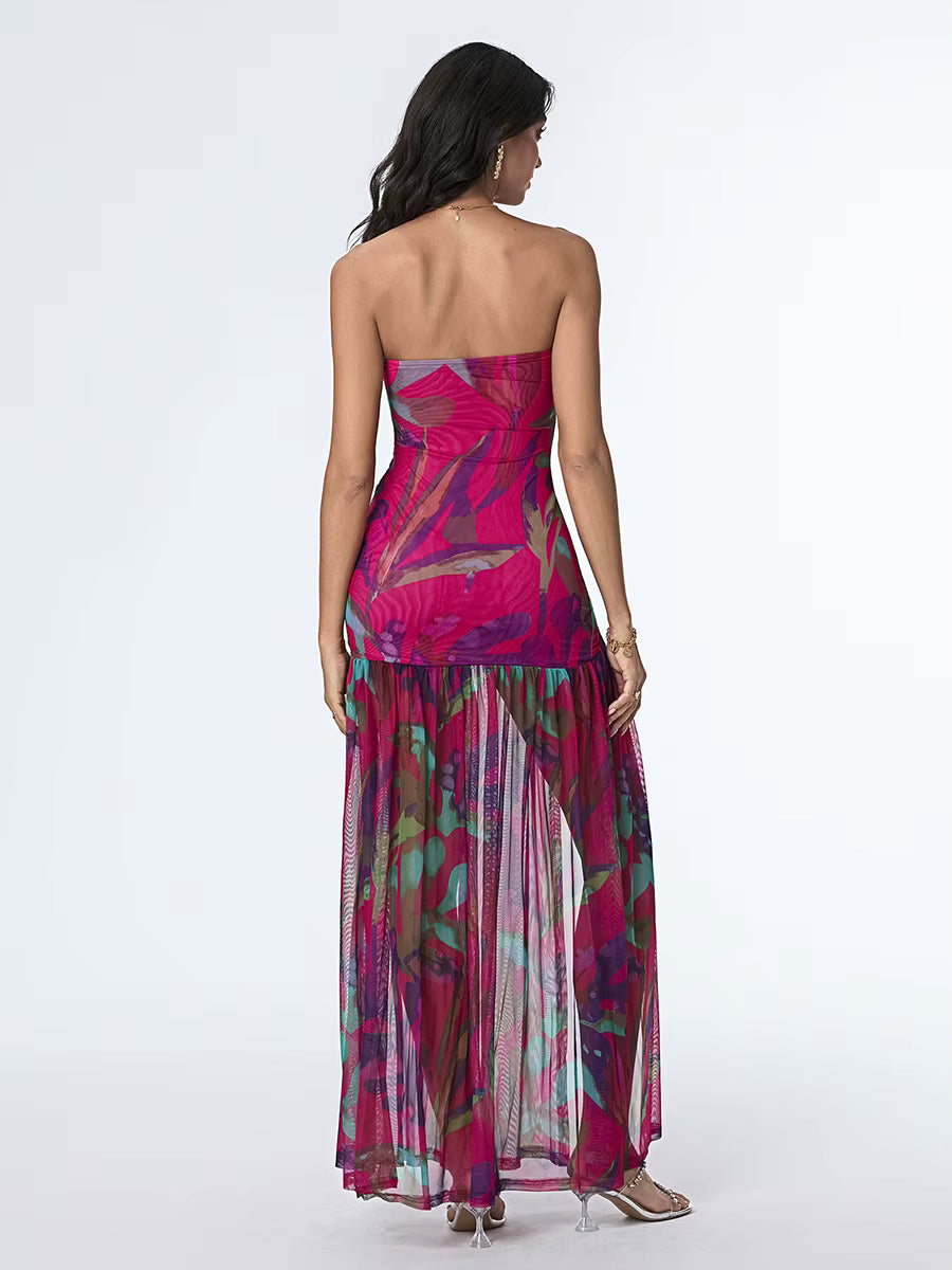 Elegant Floral Print Strapless Off-Shoulder Mesh Hem High Slit Dresses