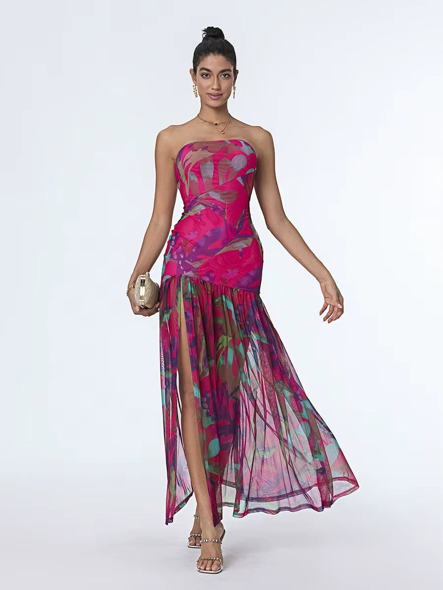 Elegant Floral Print Strapless Off-Shoulder Mesh Hem High Slit Dresses