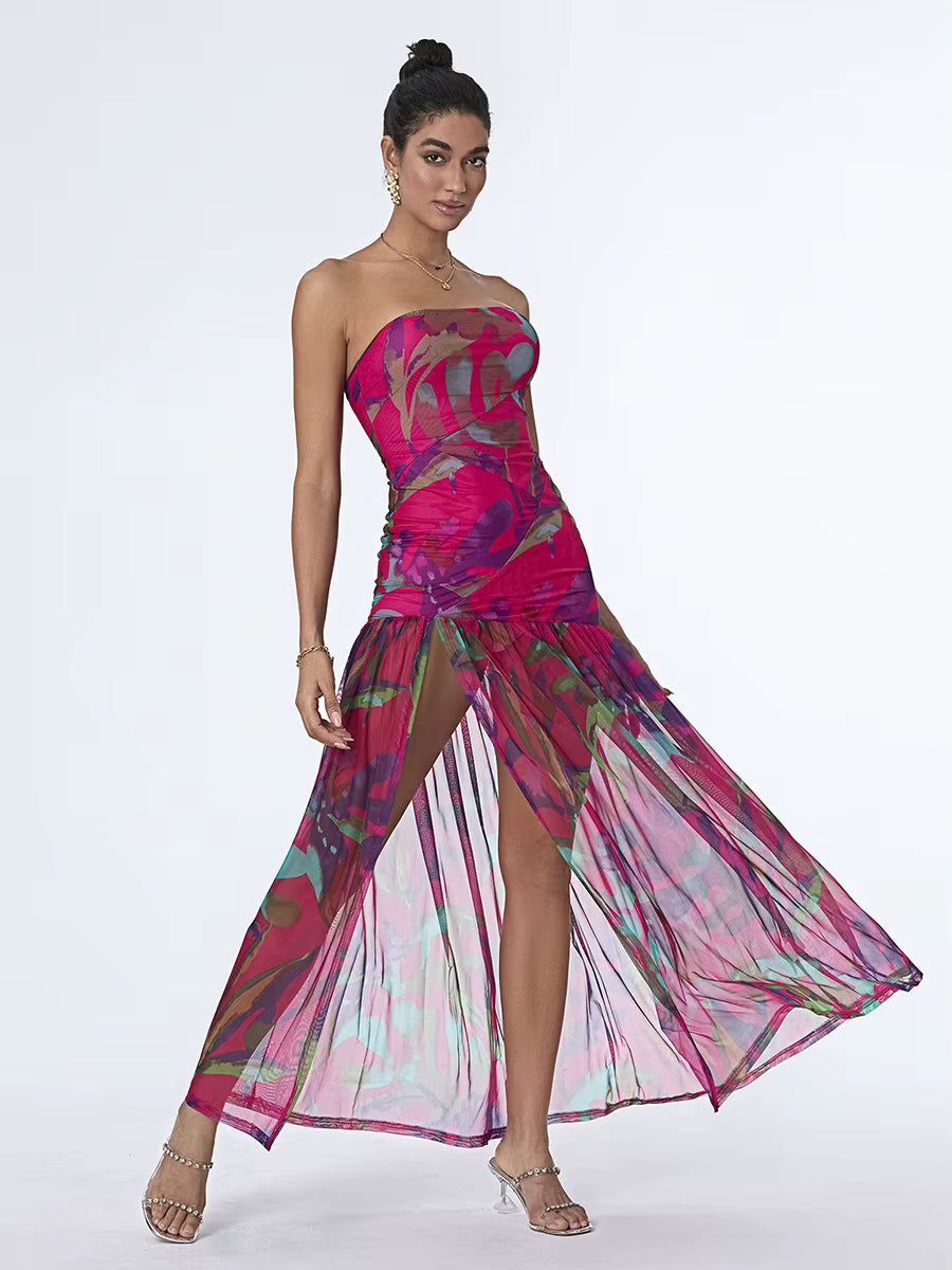 Elegant Floral Print Strapless Off-Shoulder Mesh Hem High Slit Dresses