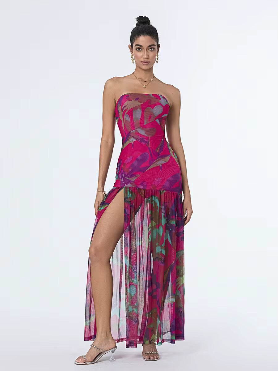 Elegant Floral Print Strapless Off-Shoulder Mesh Hem High Slit Dresses