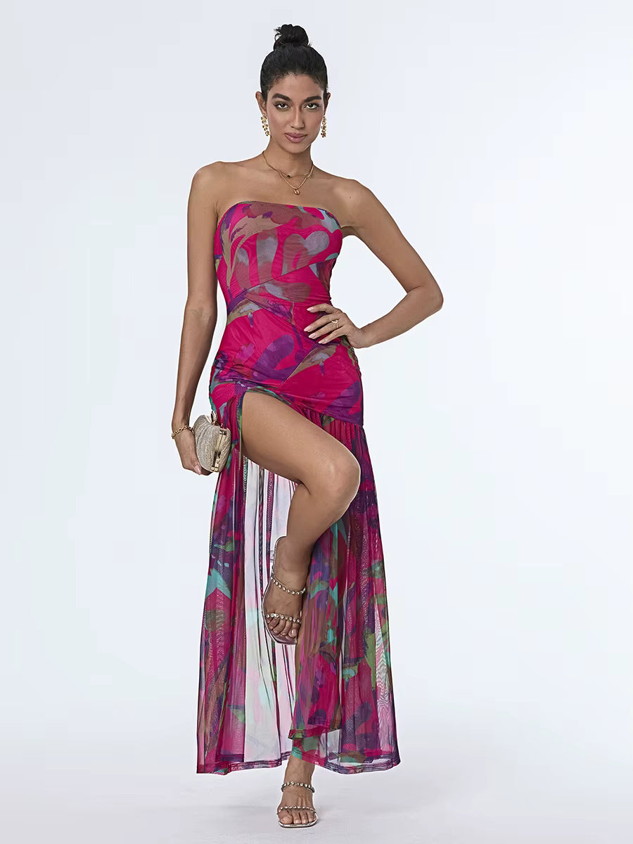 Elegant Floral Print Strapless Off-Shoulder Mesh Hem High Slit Dresses