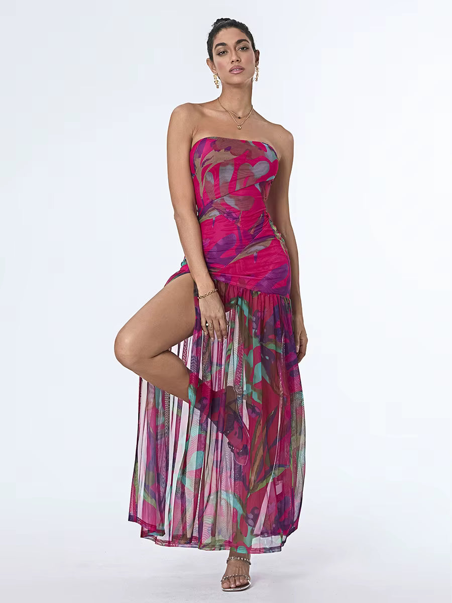 Elegant Floral Print Strapless Off-Shoulder Mesh Hem High Slit Dresses