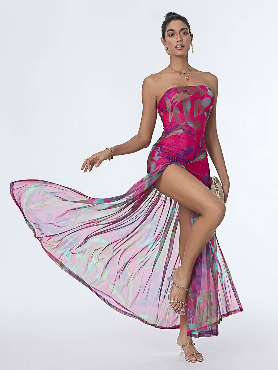Elegant Floral Print Strapless Off-Shoulder Mesh Hem High Slit Dresses