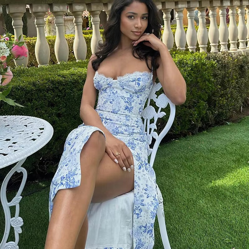 Elegant Floral Print V Neck Spaghetti Strap Split Cocktail Party Bodycon Maxi Dress