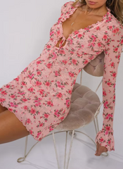 Elegant Floral Print V-neck Flare Sleeve Lace Up Skinny Outfits Mini Dress