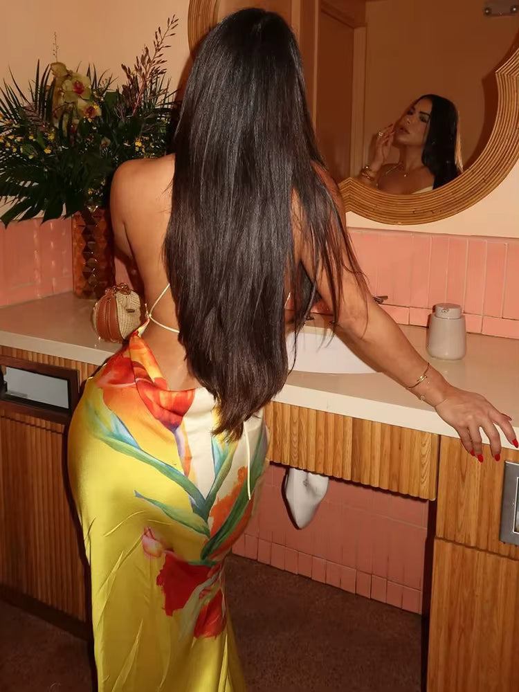 Elegant Floral Printed Backless Lace-Up Swing Collar Beach Style Maxi Dress
