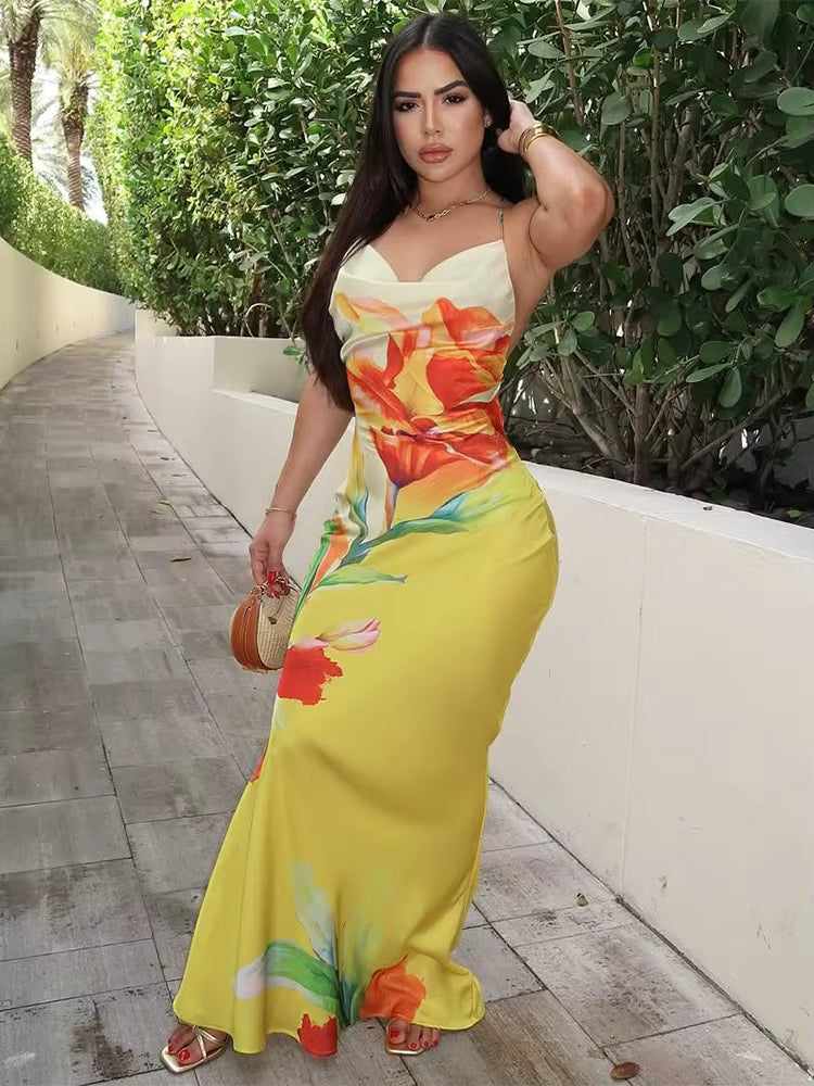 Elegant Floral Printed Backless Lace-Up Swing Collar Beach Style Maxi Dress