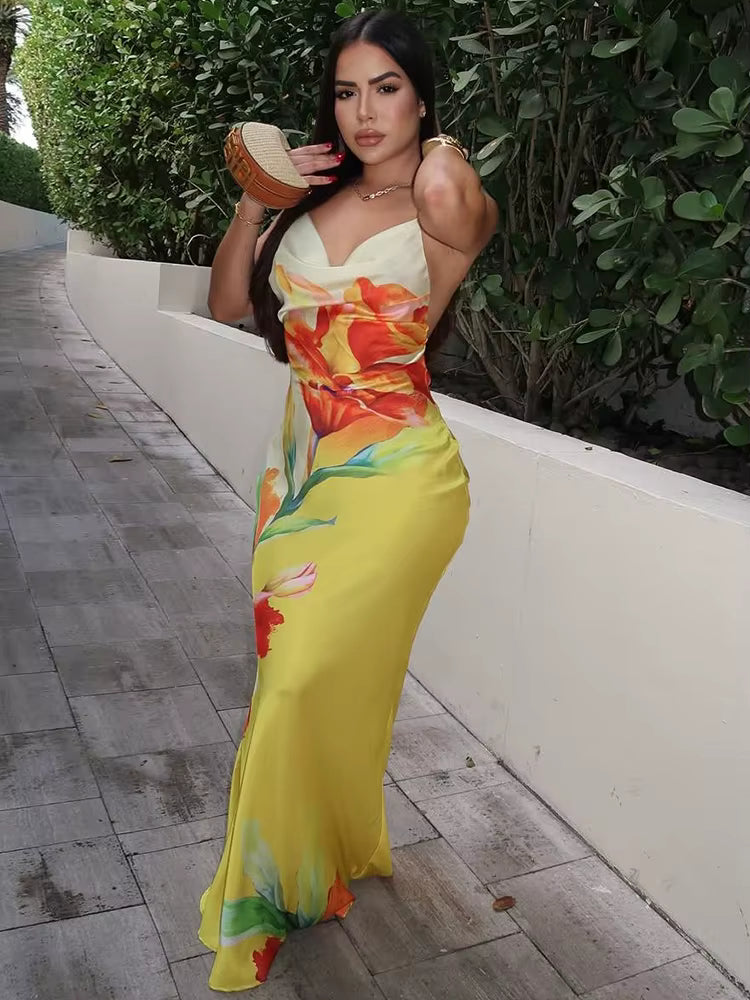 Elegant Floral Printed Backless Lace-Up Swing Collar Beach Style Maxi Dress