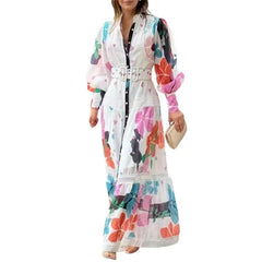 Elegant Floral Printed Long Sleeves High-Neck Vacation Maxi Dresses