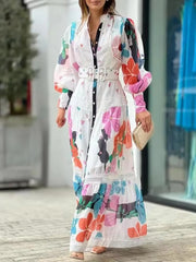 Elegant Floral Printed Long Sleeves High-Neck Vacation Maxi Dresses