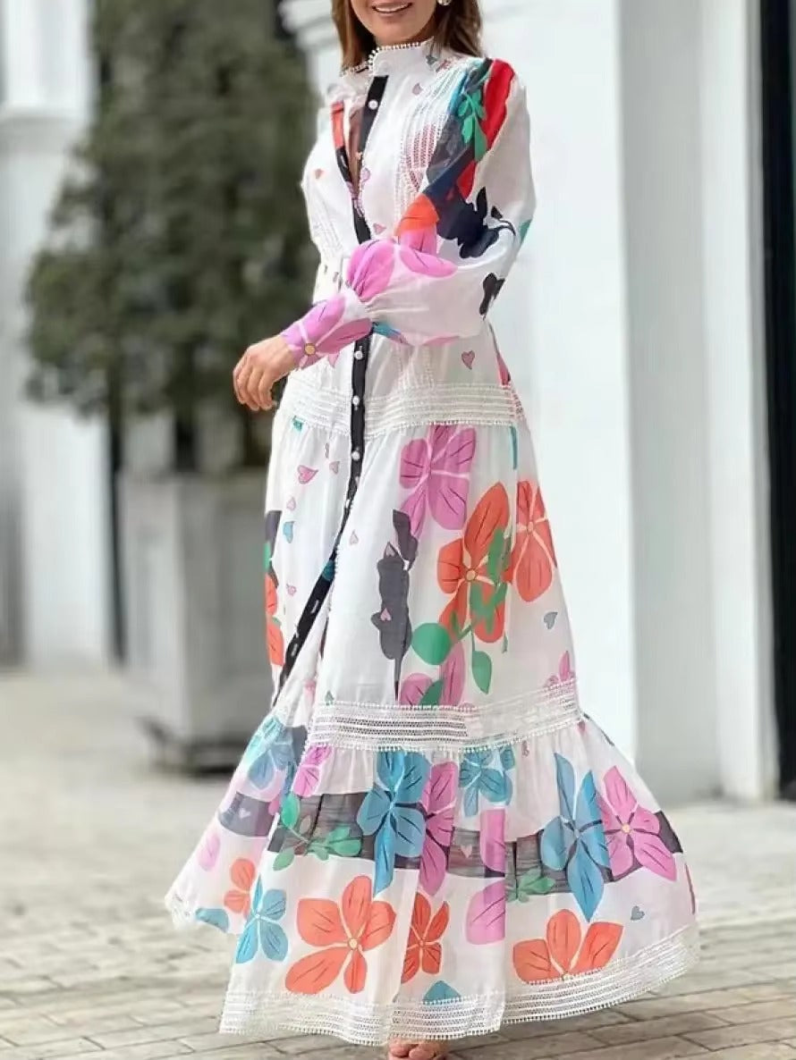 Elegant Floral Printed Long Sleeves High-Neck Vacation Maxi Dresses