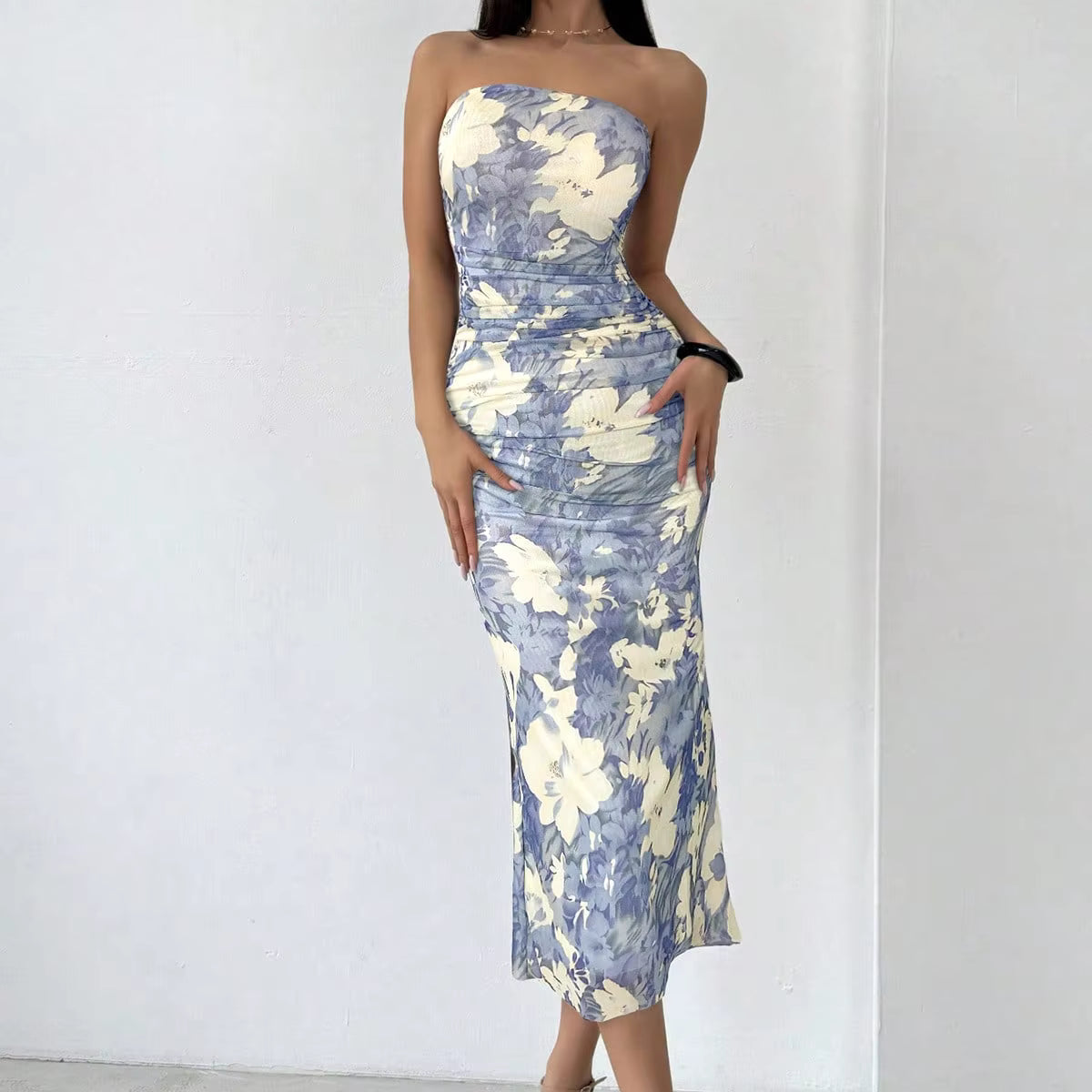 Elegant Floral Printed With Hip Wrap Strapless Holiday Slim-Fit Maxi Dress