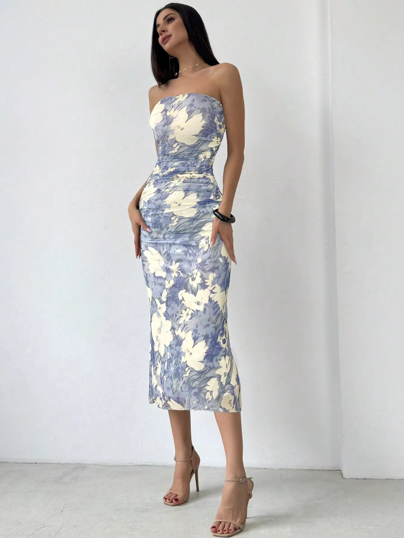 Elegant Floral Printed With Hip Wrap Strapless Holiday Slim-Fit Maxi Dress