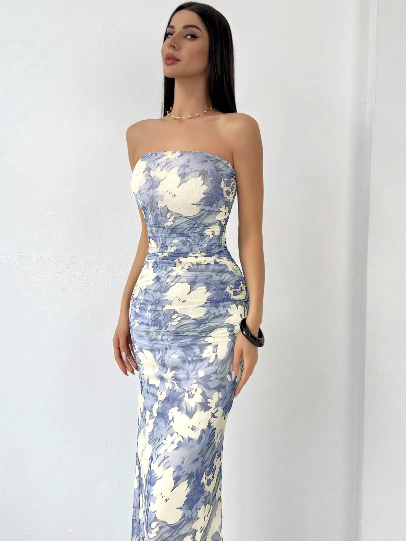 Elegant Floral Printed With Hip Wrap Strapless Holiday Slim-Fit Maxi Dress