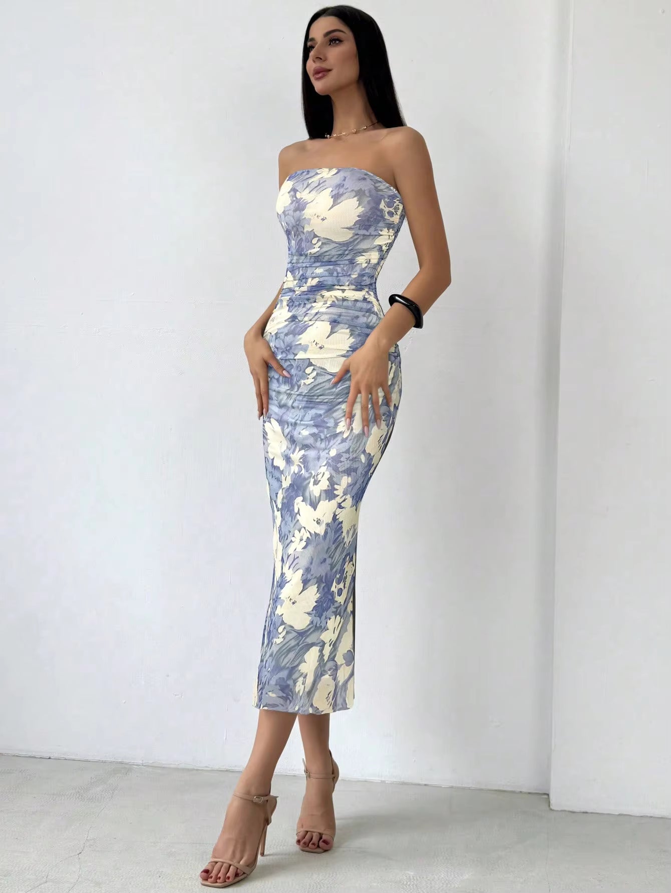 Elegant Floral Printed With Hip Wrap Strapless Holiday Slim-Fit Maxi Dress