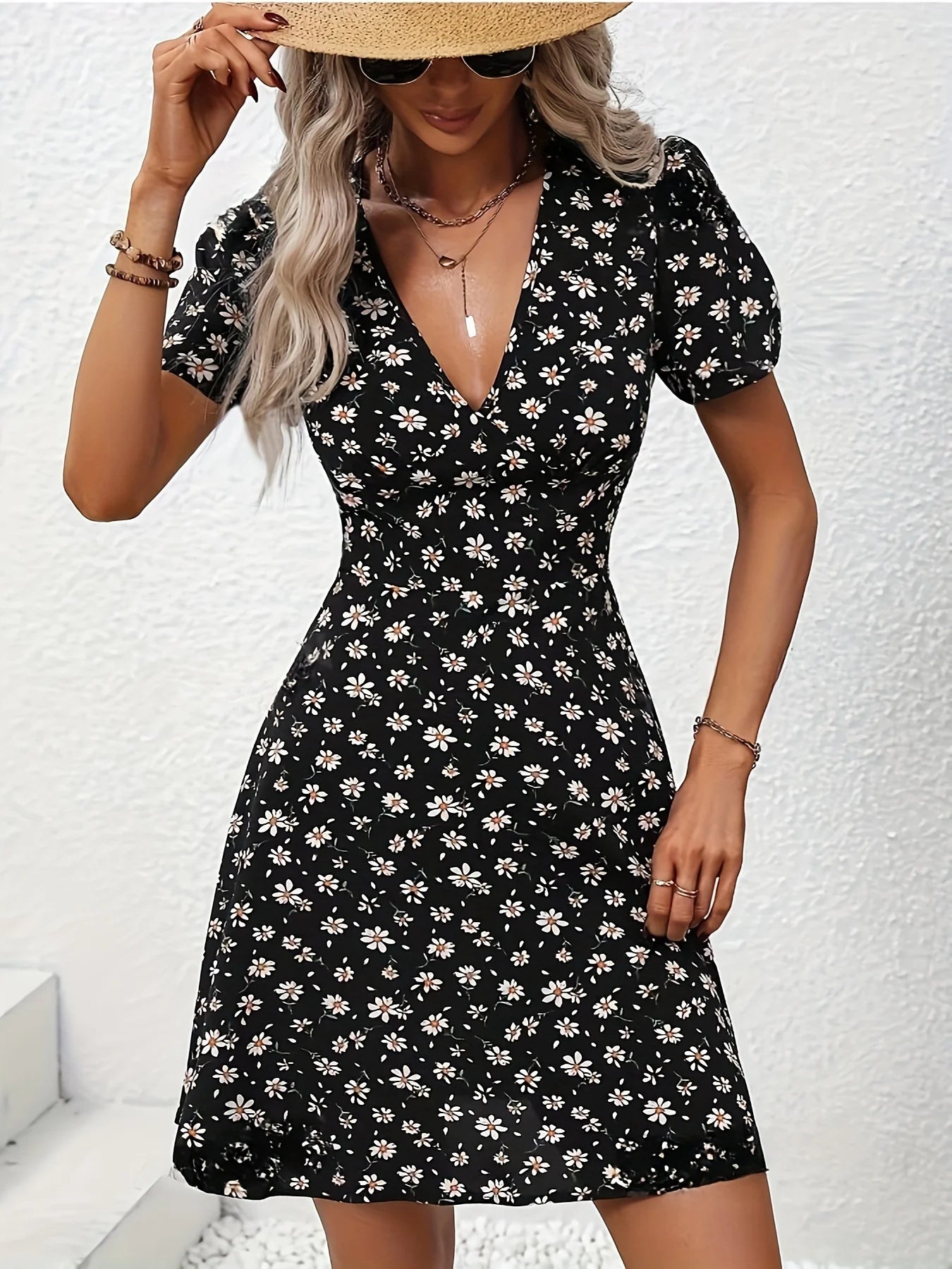 Elegant Floral Printed V Neck Fit and Flare Puff Sleeve Mini Dress