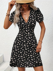 Elegant Floral Printed V Neck Fit and Flare Puff Sleeve Mini Dress
