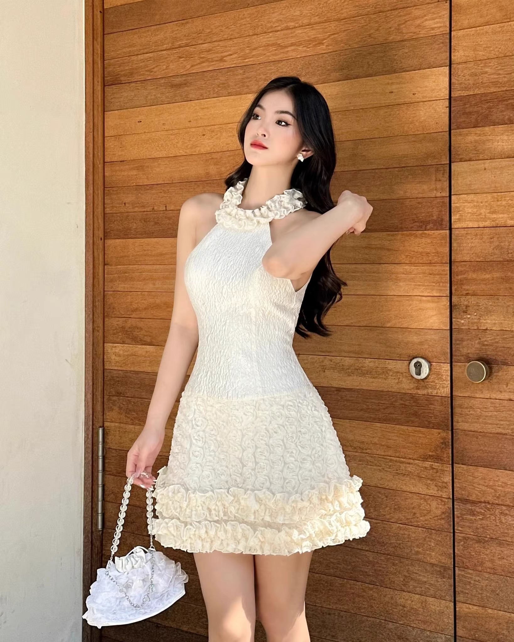 Elegant Floral Ruffles Design Sleeveless Hanging Neck Cinched Slim Mini Dress