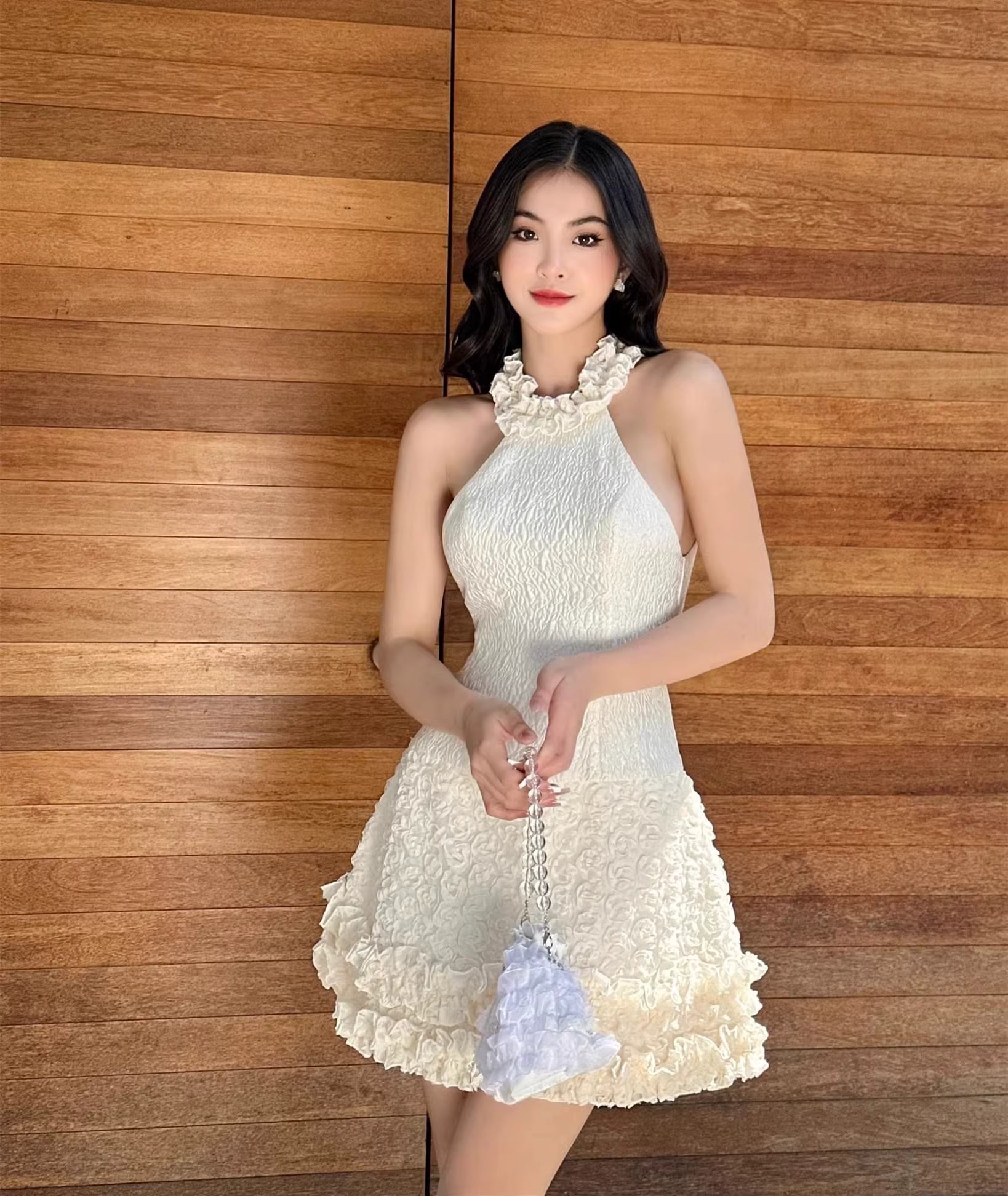 Elegant Floral Ruffles Design Sleeveless Hanging Neck Cinched Slim Mini Dress