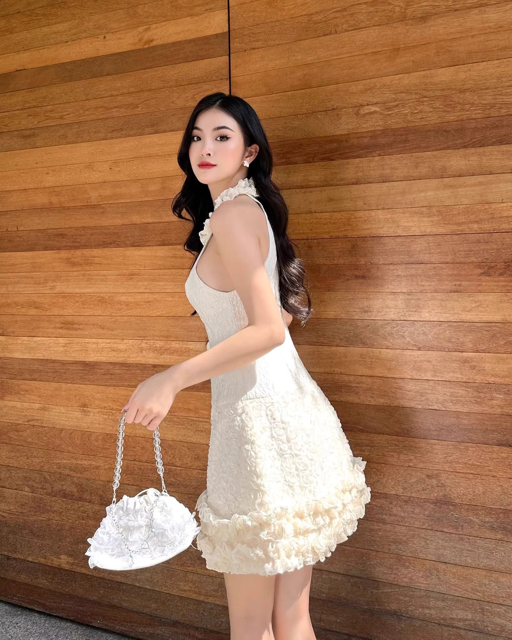 Elegant Floral Ruffles Design Sleeveless Hanging Neck Cinched Slim Mini Dress