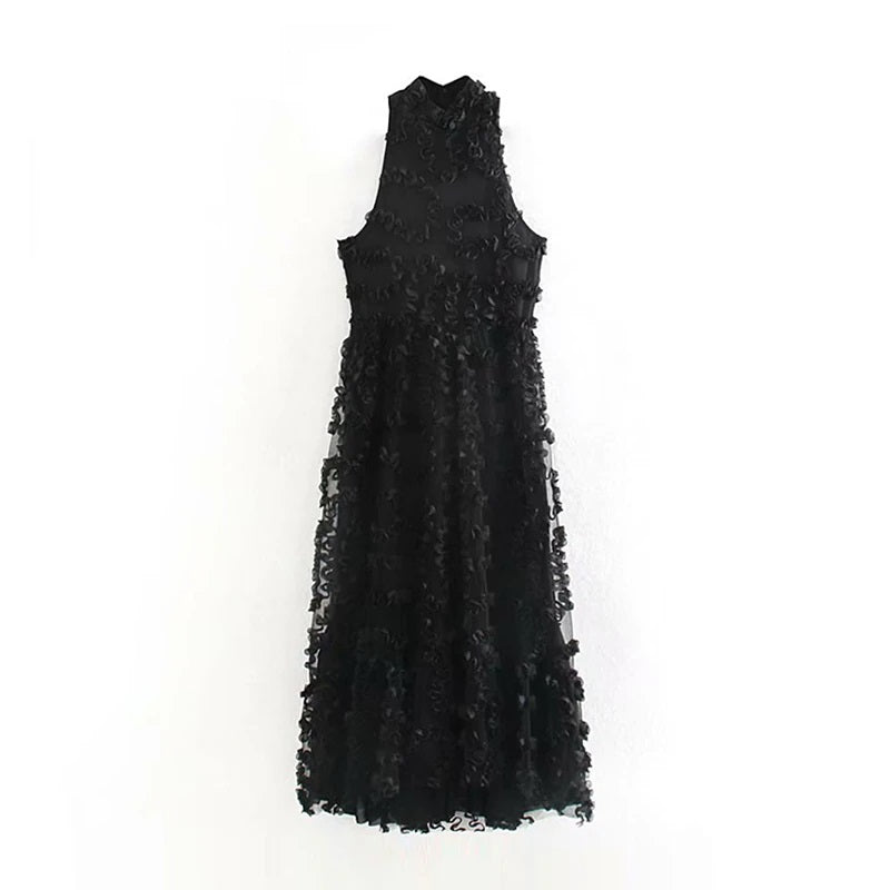 Elegant Floral Sleeveless Stand Collar Maxi Dress