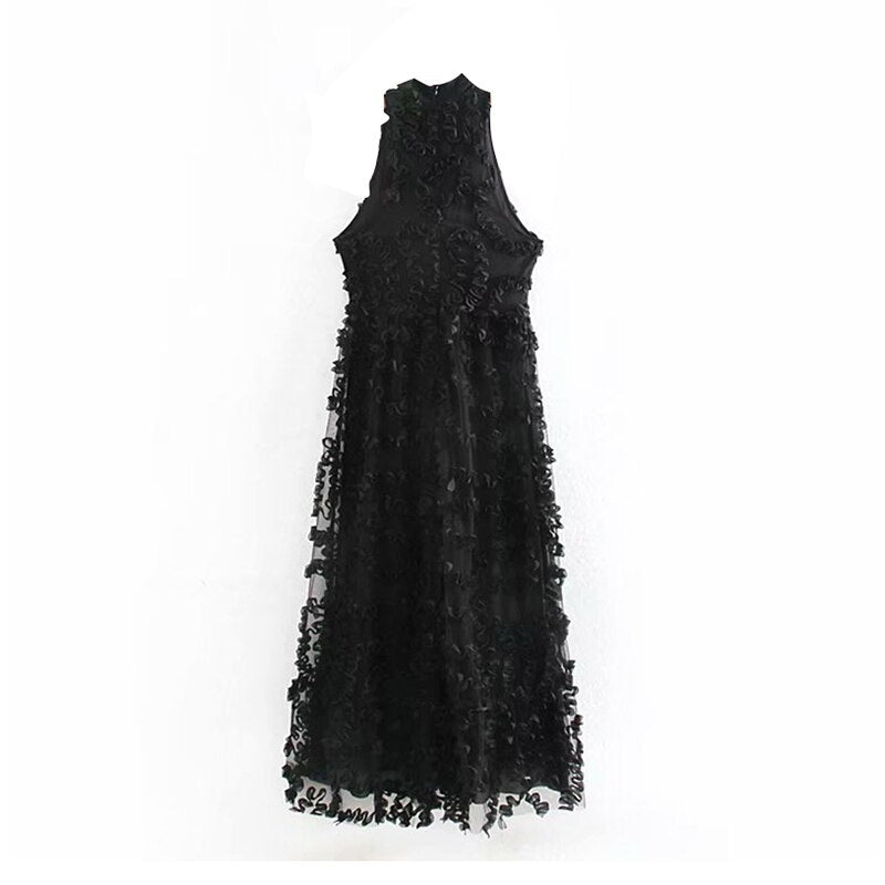 Elegant Floral Sleeveless Stand Collar Maxi Dress