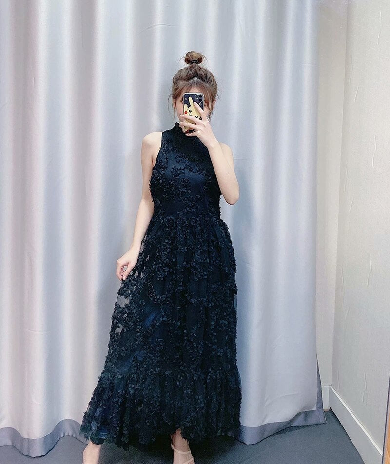 Elegant Floral Sleeveless Stand Collar Maxi Dress