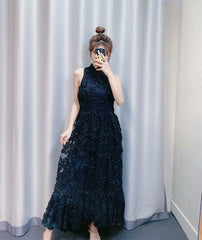 Elegant Floral Sleeveless Stand Collar Maxi Dress