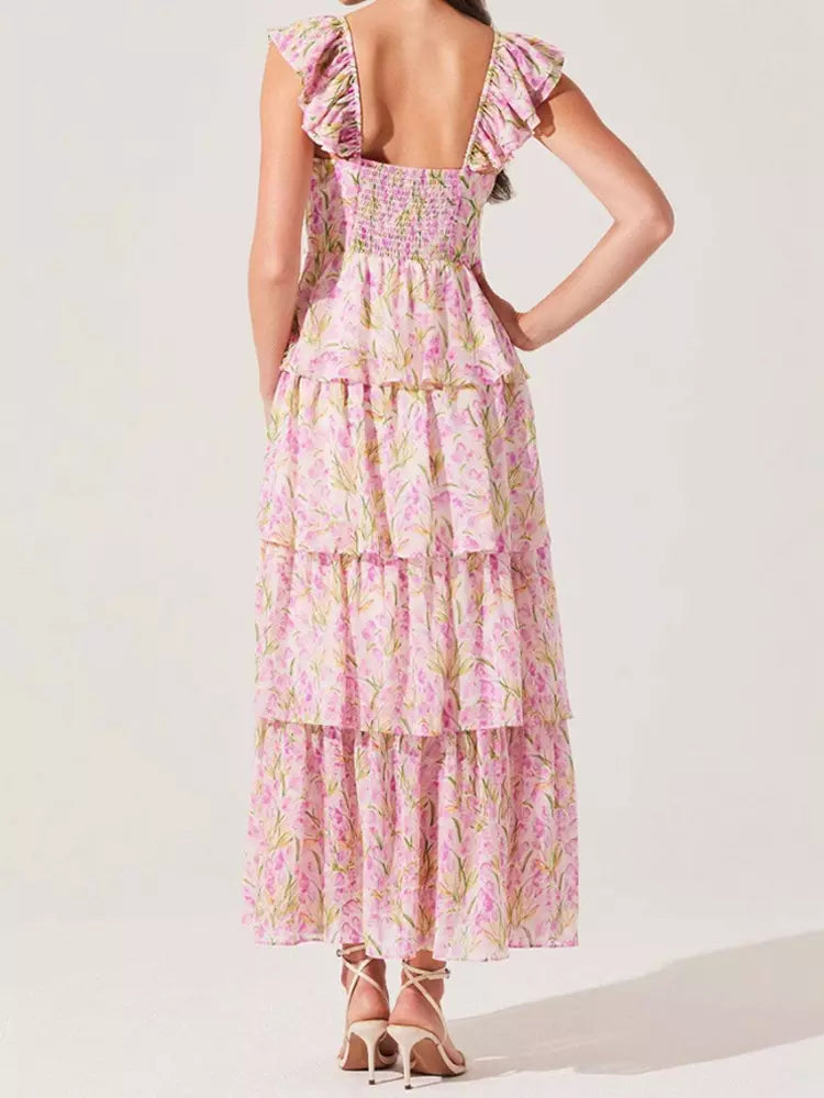 Elegant Floral Tiered High Slit Ruffle Shoulder Maxi Dress