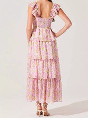 Elegant Floral Tiered High Slit Ruffle Shoulder Maxi Dress