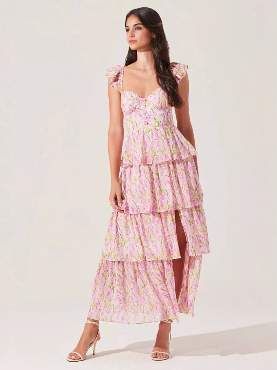 Elegant Floral Tiered High Slit Ruffle Shoulder Maxi Dress