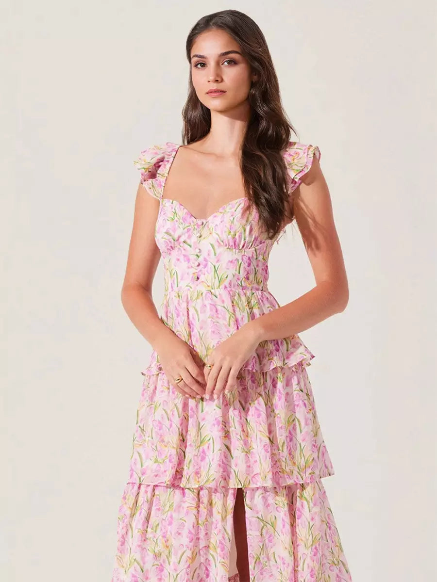 Elegant Floral Tiered High Slit Ruffle Shoulder Maxi Dress