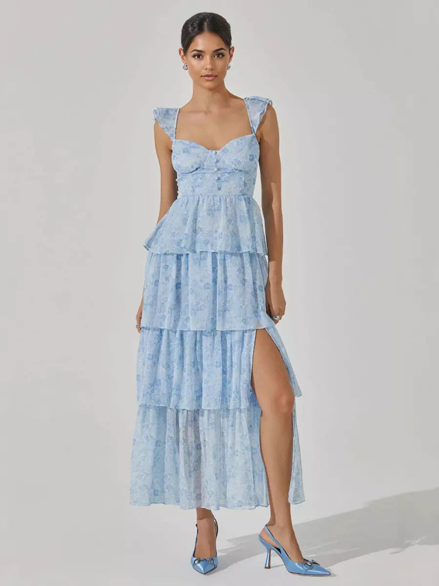 Elegant Floral Tiered High Slit Ruffle Shoulder Maxi Dress