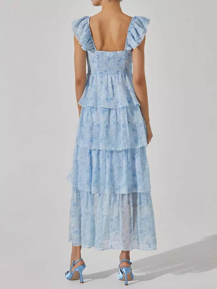Elegant Floral Tiered High Slit Ruffle Shoulder Maxi Dress