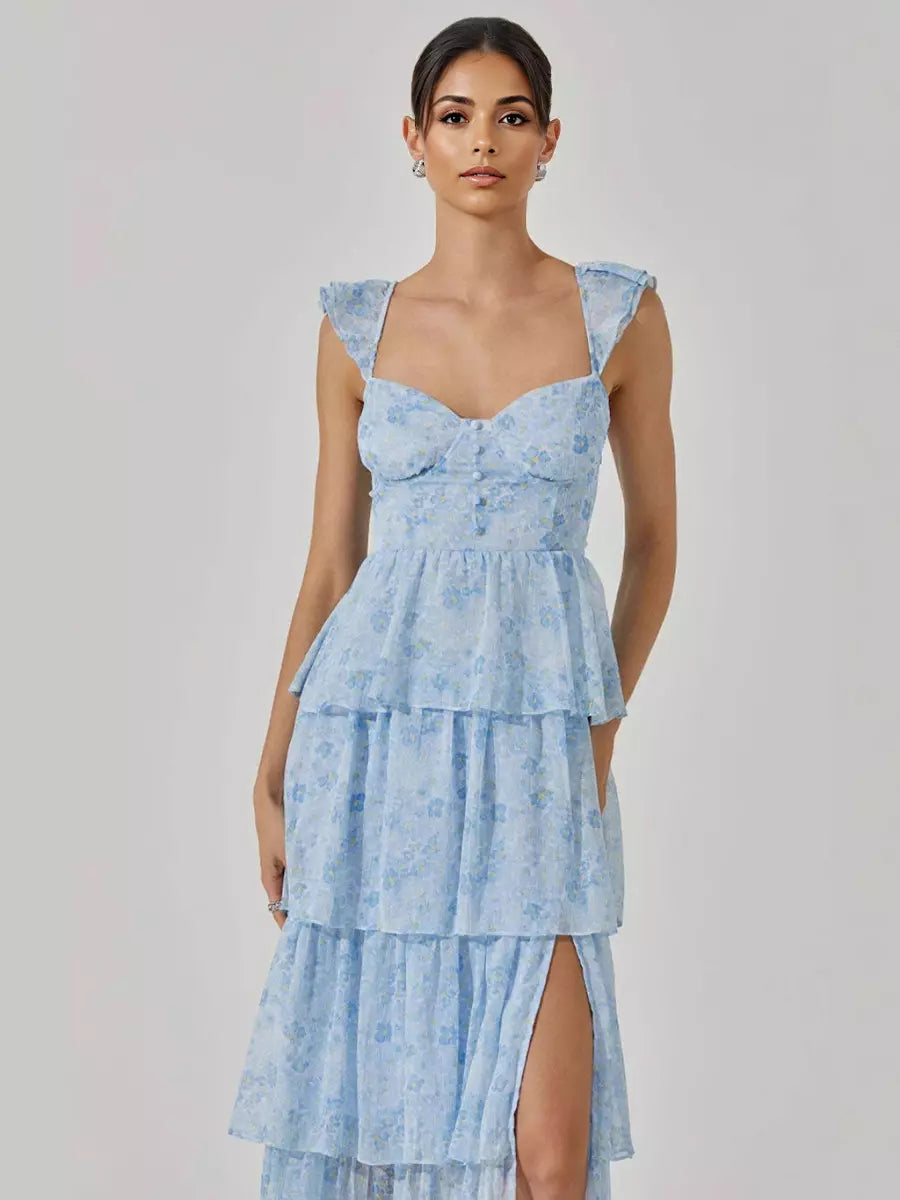 Elegant Floral Tiered High Slit Ruffle Shoulder Maxi Dress