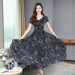 Elegant Floral V Neck Runway Chiffon Dress
