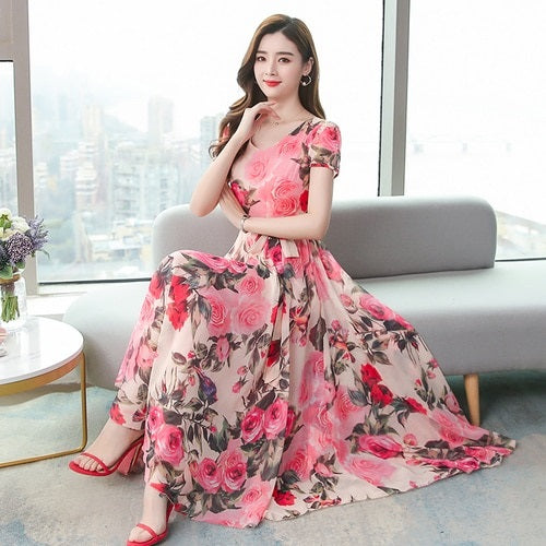 Elegant Floral V Neck Runway Chiffon Dress