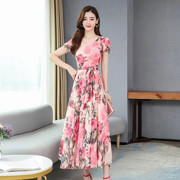 Elegant Floral V Neck Runway Chiffon Dress