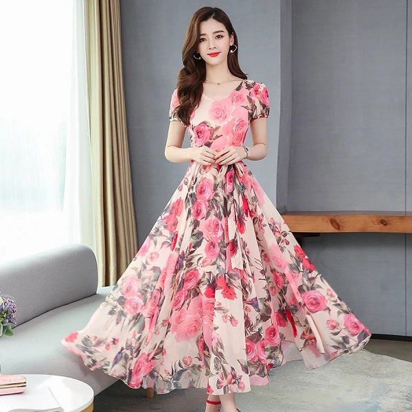 Elegant Floral V Neck Runway Chiffon Dress