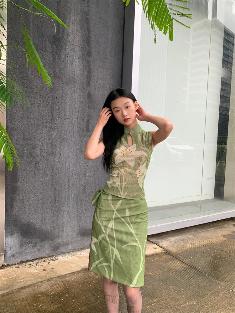 Elegant Floral Vintage Stand Collar Top And Skirt Two Piece Set