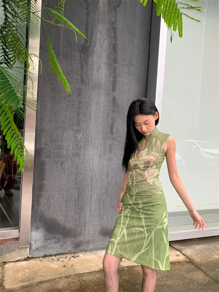 Elegant Floral Vintage Stand Collar Top And Skirt Two Piece Set