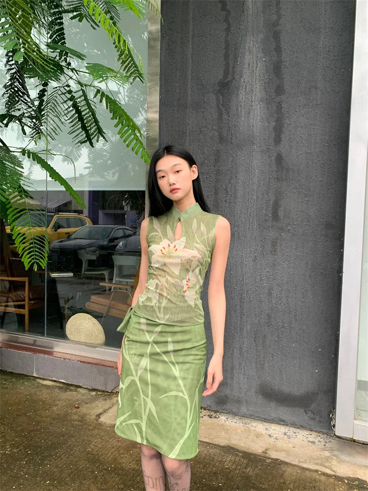 Elegant Floral Vintage Stand Collar Top And Skirt Two Piece Set