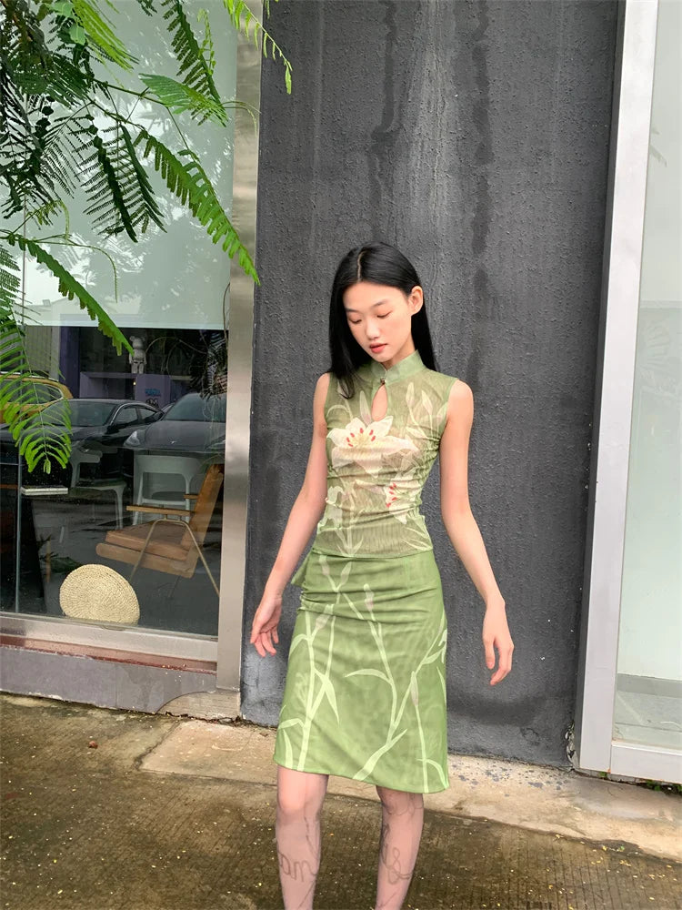 Elegant Floral Vintage Stand Collar Top And Skirt Two Piece Set