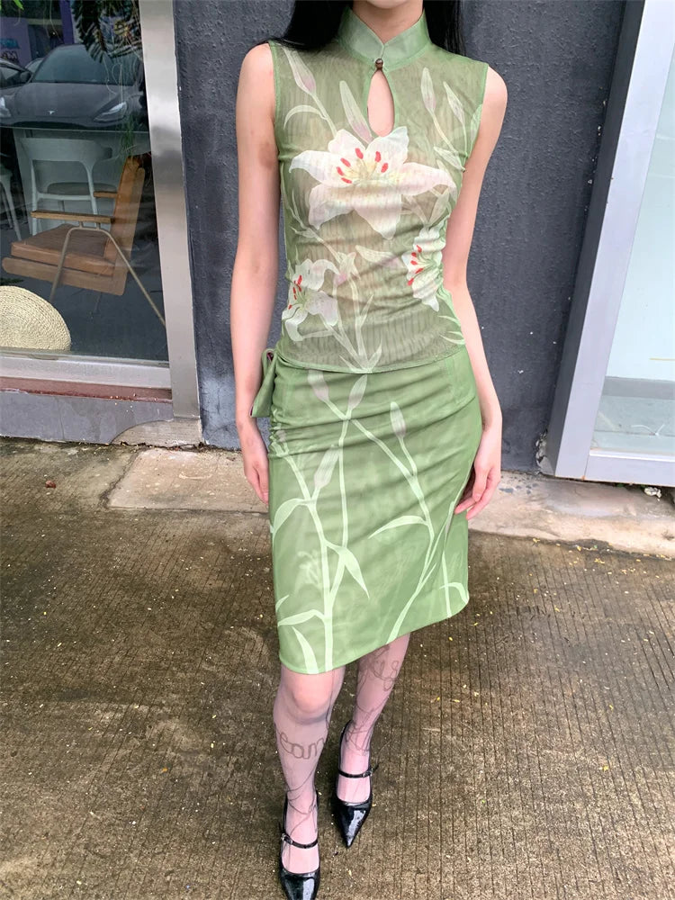 Elegant Floral Vintage Stand Collar Top And Skirt Two Piece Set