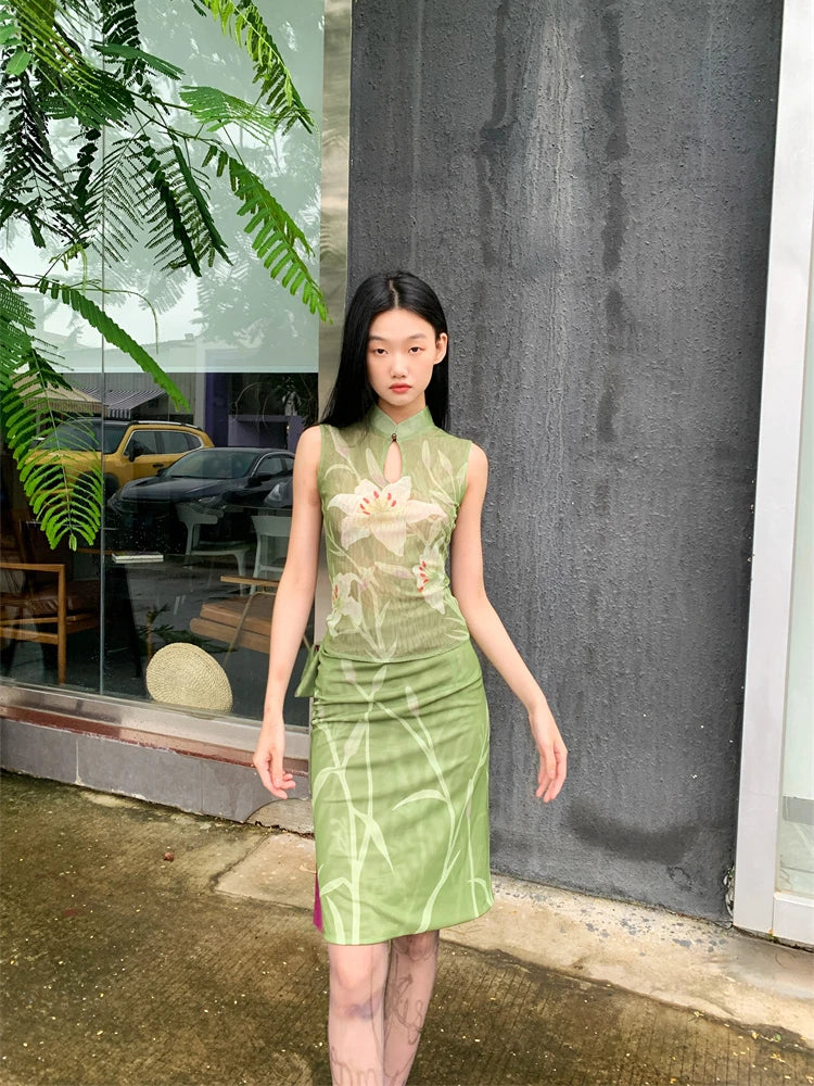 Elegant Floral Vintage Stand Collar Top And Skirt Two Piece Set