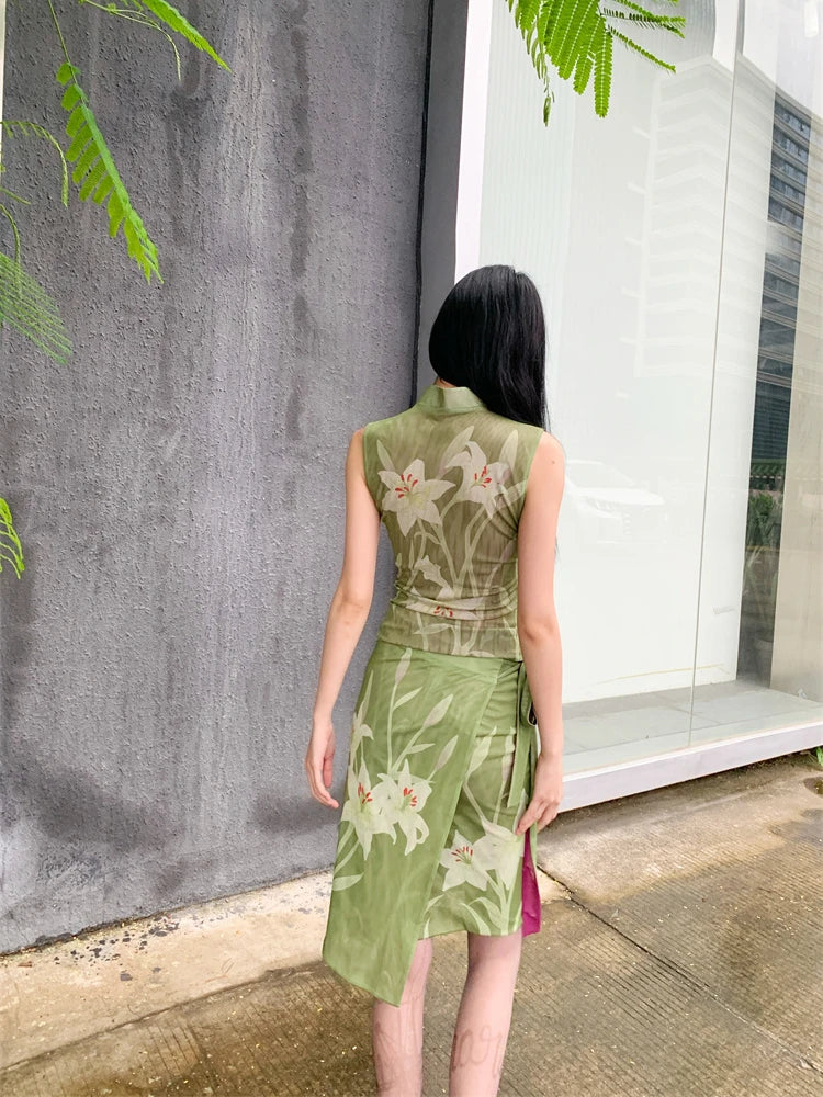 Elegant Floral Vintage Stand Collar Top And Skirt Two Piece Set