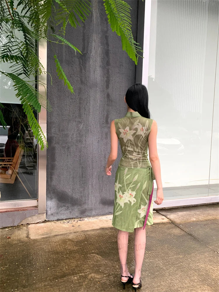 Elegant Floral Vintage Stand Collar Top And Skirt Two Piece Set