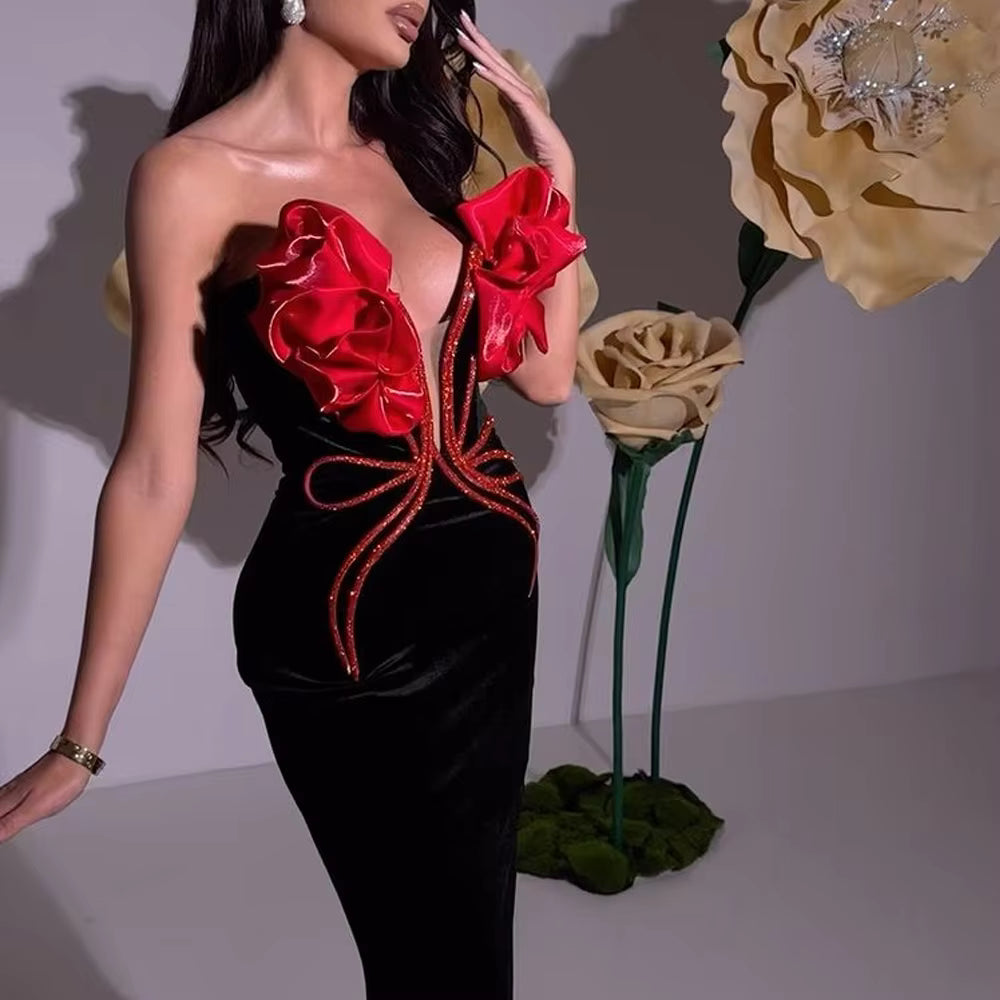 Elegant Florals Strapless Off the Shoulder Bodycon Bandage Long Maxi Dress